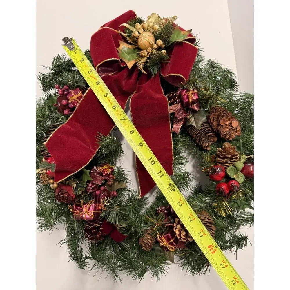 Christmas Wreath Burgundy Velvet Bow Pinecones Apples Berries Holiday Decor